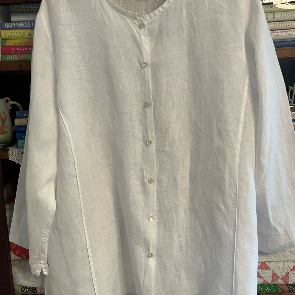 Eileen Fisher White Irish Linen Blouse Shirt w 3/4 Length Sleeves Sz XL